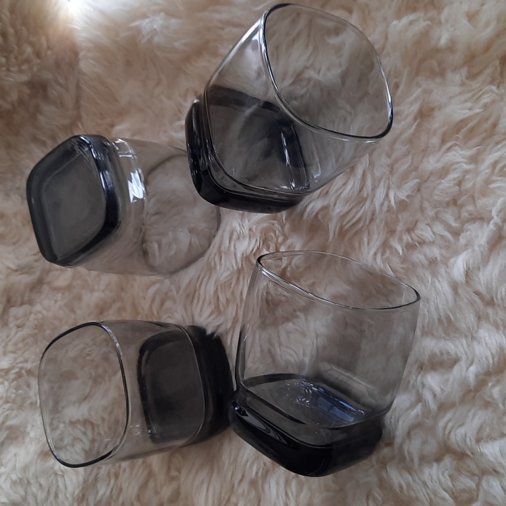 Set of 4 Vintage Square Smokey Gray Lowball Glasses